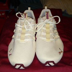 Women's Puma shoes, size 11, beige and burgundy.